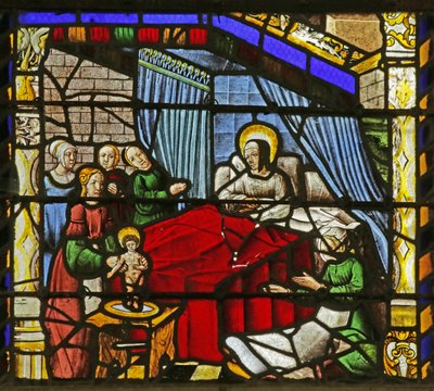 Window depicting the Birth of Saint Nicholas by French School